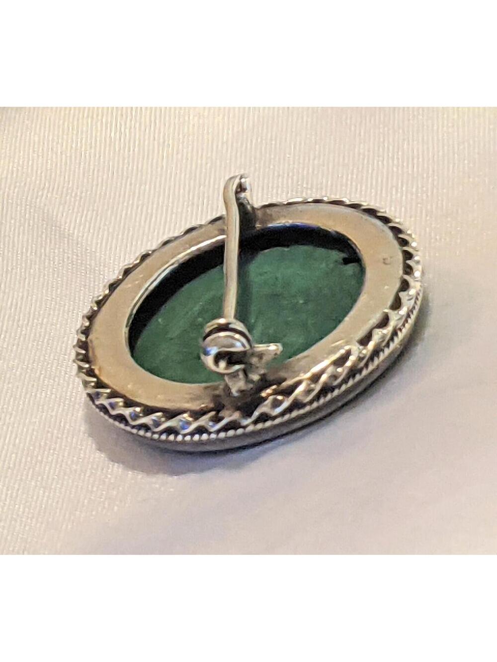 Vintage Natural Malachite Stone Brooch Pin Oval Shaped Sterling Silver 11.25g - Picture 7 of 8